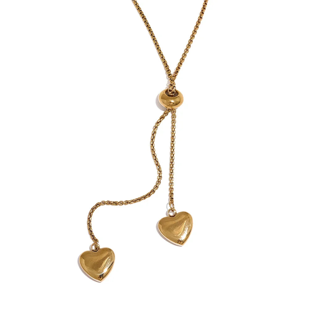 Gold Plated Heart Necklace with Pull-Out Long Pendant – Trendy Jewelry