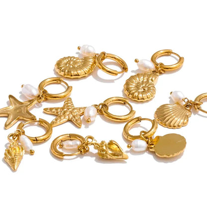 Ocean Theme Natural Pearl Conch Shell Starfish Drop Summer Hoop Earrings for Women Stainless Steel Holiday Daily Jewelry