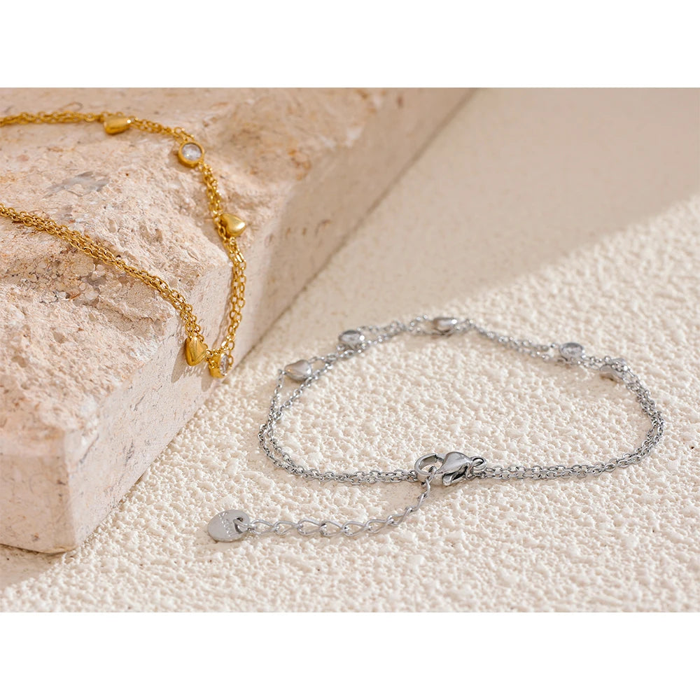 Heart Zircon Double Layer Bracelet – Gold Plated Stainless Steel
