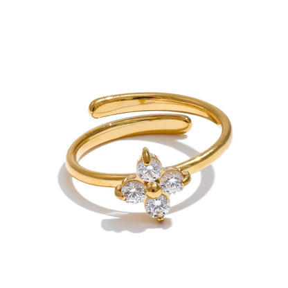 Luxe Jewels Stainless Steel Zirconia Flower Adjustable Ring – PVD Gold Plated Jewelry