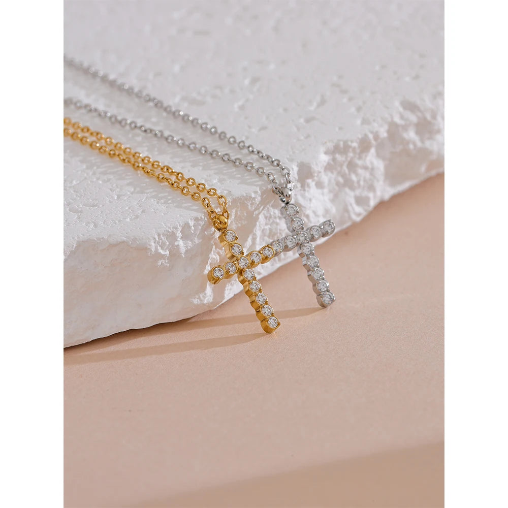 Cubic Zirconia Cross Pendant – 316L Gold Stainless Steel Necklace