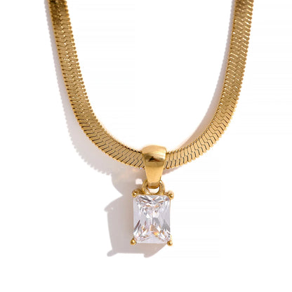 Geometric Square CZ Drop Snake Necklace – Waterproof Gold-Plated