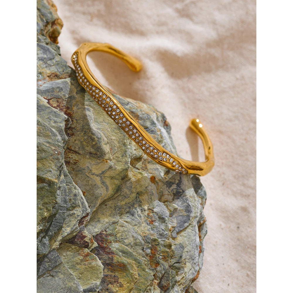 62mm CZ Open Cuff Bracelet – 18K Real Gold Plated Stainless Steel Waterproof Bracaelet