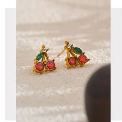 Red Cubic Zirconia Cherry Fruit Stud Earrings for Women Stainless Steel Waterproof Jewelry