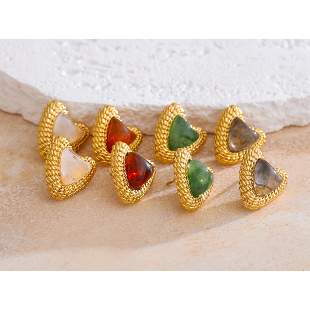 Stainless Steel Resin Heart Love Golden Stud Earrings Daily Wear Trendy Jewelry