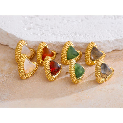 Stainless Steel Resin Heart Love Golden Stud Earrings Daily Wear Trendy Jewelry