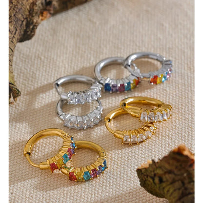 Colorful White Cubic Zirconia Stainless Steel Round Rainbow Bling Hoop Earrings for Women High Quality Jewelry
