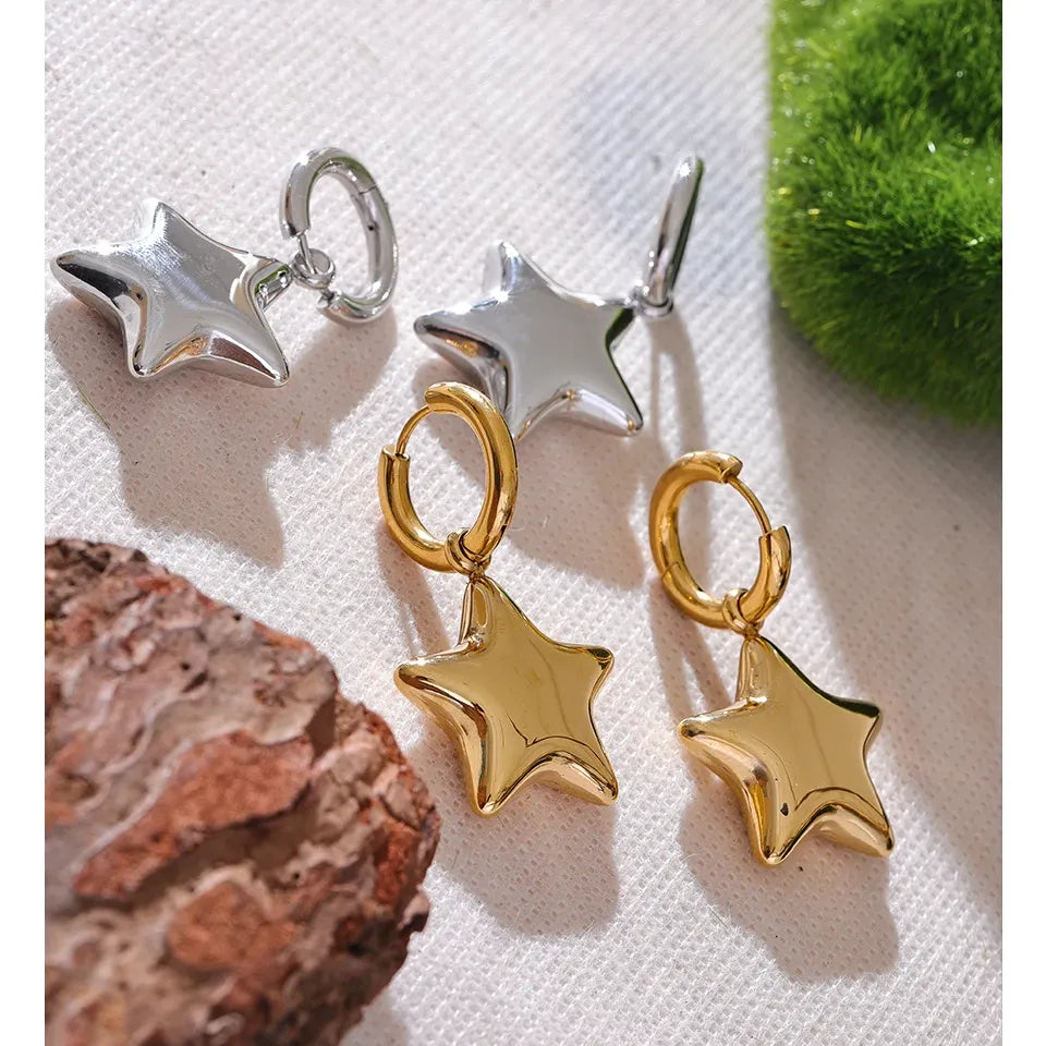 Fashion Stainless Steel Star Thick Drop Hoop Earrings Women - 18K Gold Plated Jewelry