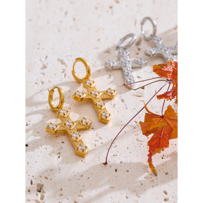 Bling Cubic Zirconia Classic Cross Drop Hoop Earrings 18K Gold Color PVD Plated Stainless Steel Exquisite Jewelry