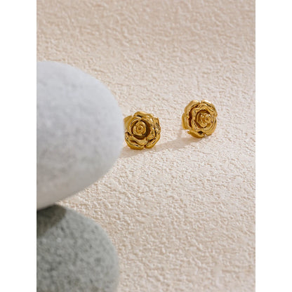 Gold Plated Rose Flower Waterproof Daily Stud Earrings for Women