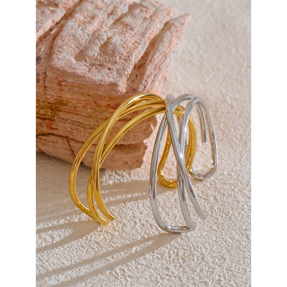 Hollow Line Cuff Bracelet – 58mm Gold Plated Stainless Steel