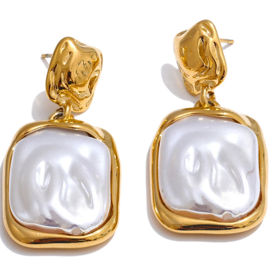 Stainless Steel Pearl Square Drop Earrings for Women Tarnish Resistant - Fashion Jewelry