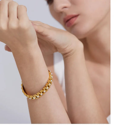 18cm Pearl / Cuban Zirconia Bracelet – 18K Gold Plated Stainless Steel Waterproof Jewellery