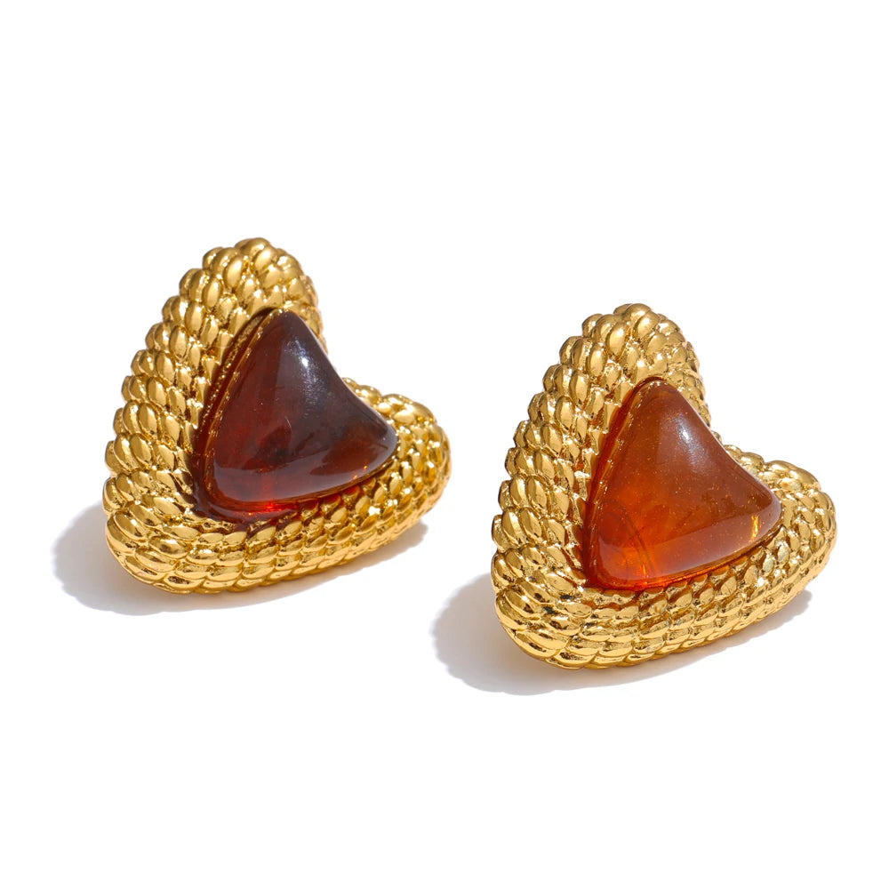 Stainless Steel Resin Heart Love Golden Stud Earrings Daily Wear Trendy Jewelry