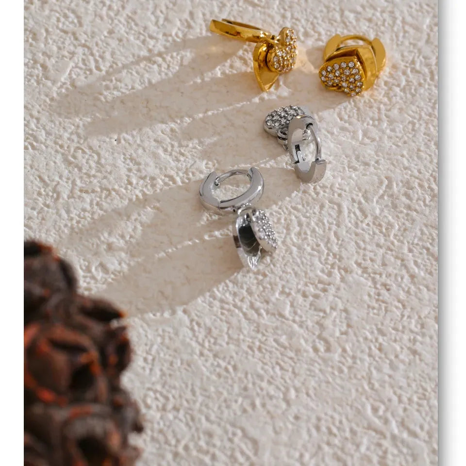 18K Gold Plated Stainless Steel Double Heart Cubic Zircon Drop Hoop Earrings for Women Hypoallergenic High Quality Jewelry