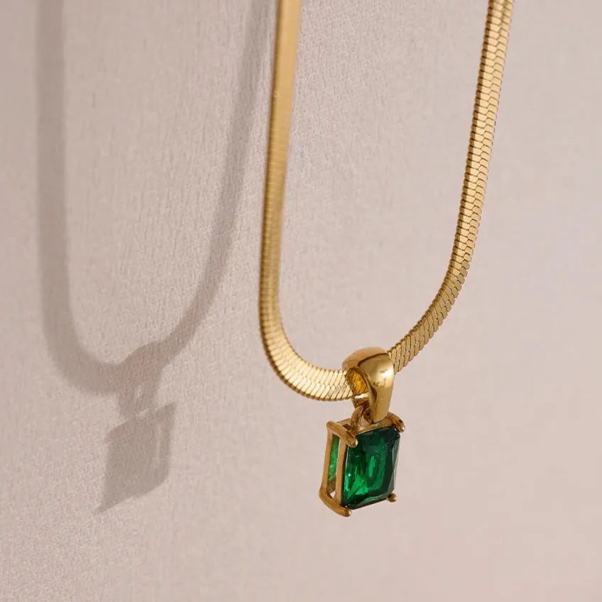 Geometric Square CZ Drop Snake Necklace – Waterproof Gold-Plated