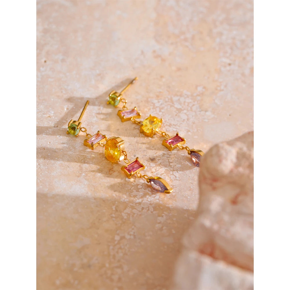 Colorful Cubic Zirconia Drop Earrings – Gold Plated, Tarnish-Free Jewelry