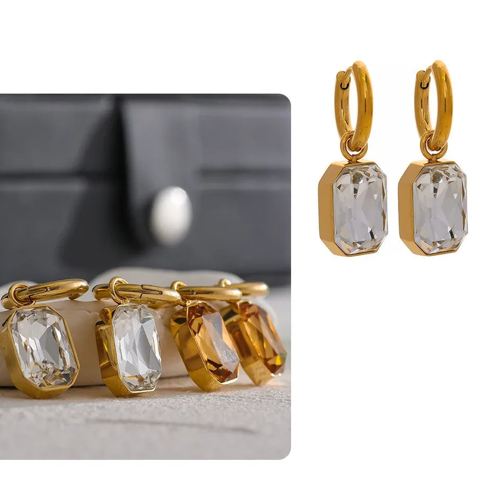 Stainless Steel Cubic Zirconia Drop Dangle Charms Trendy Earrings 18k-gold-plated Green Square Earring Jewelry