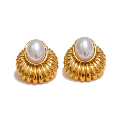 Striped Oval Pearl Stud Earrings – Gold Plated