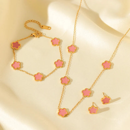 Five-Leaf Clover Jewelry Set – Pink Flower Stainless Steel Trio