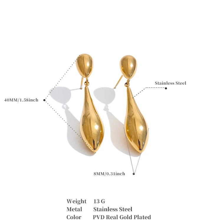 18K Gold Plated Polished Stainless Steel Water Drop Earrings Rust Proof Jewelry