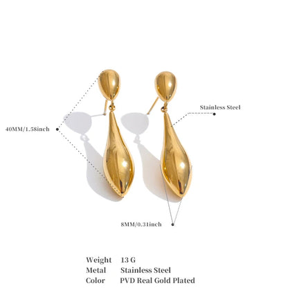 18K Gold Plated Polished Stainless Steel Water Drop Earrings Rust Proof Jewelry