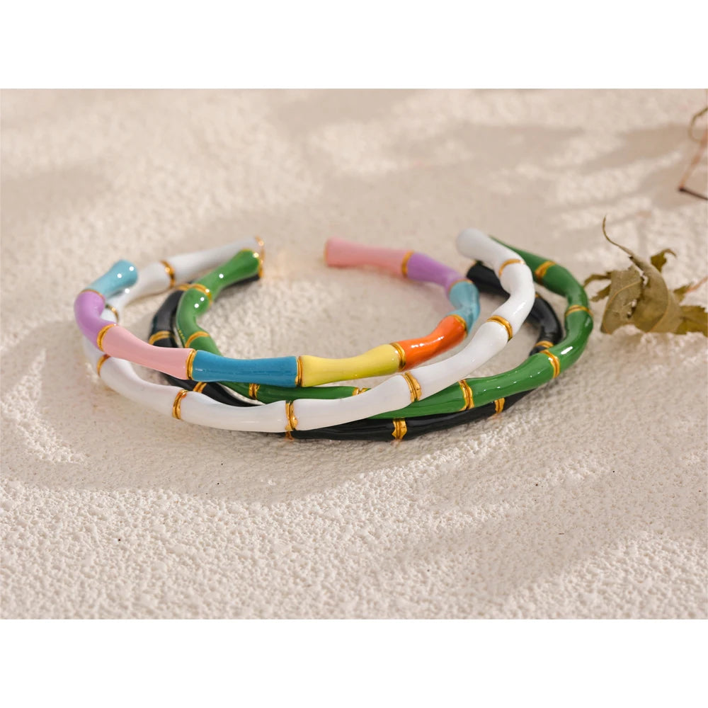 Colorful Enamel Bamboo Cuff – Gold Plated Stainless Steel