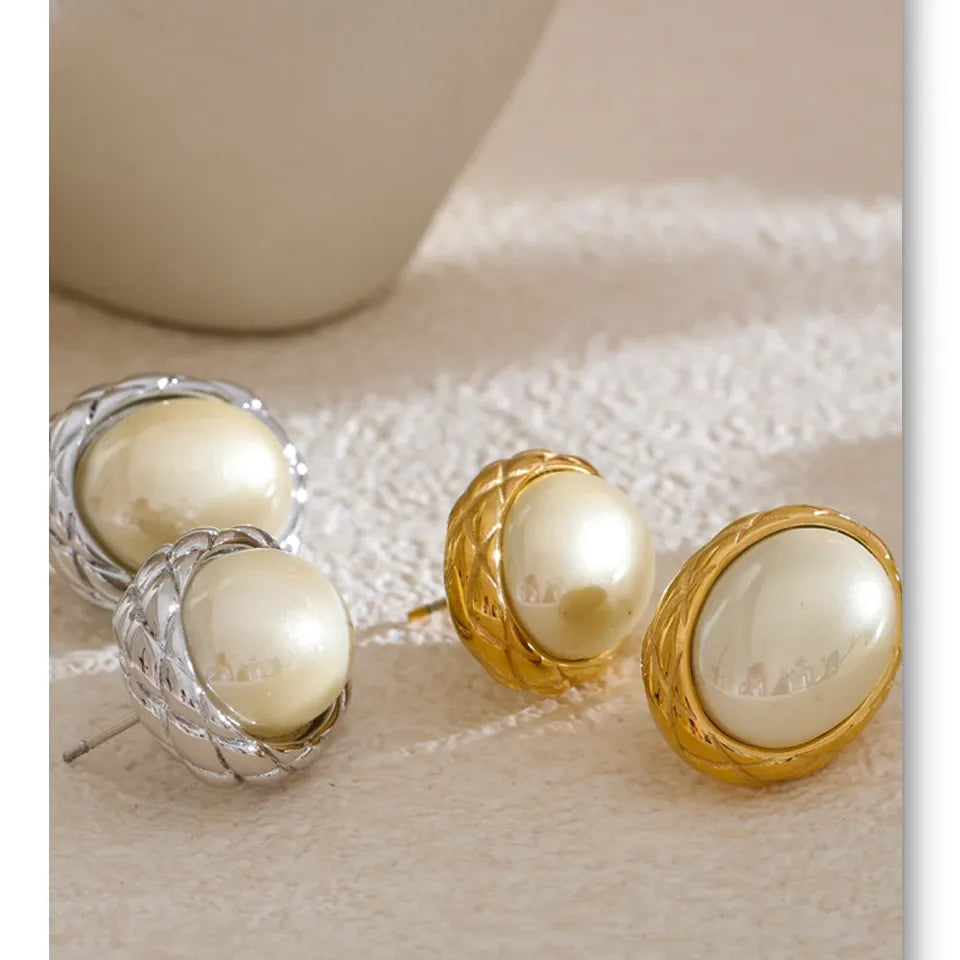 Korean Style Off White Gold - Oval Stud Earrings for Women Pearl Stainless Steel 18K PVD Plated Fashion Jewelry