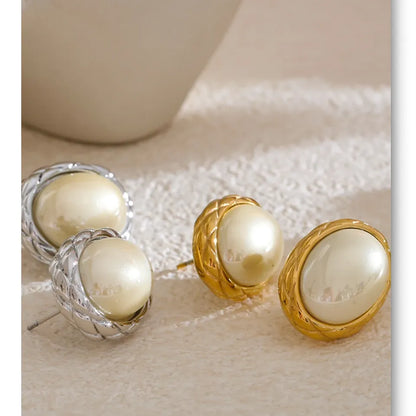 Korean Style Off White Gold - Oval Stud Earrings for Women Pearl Stainless Steel 18K PVD Plated Fashion Jewelry