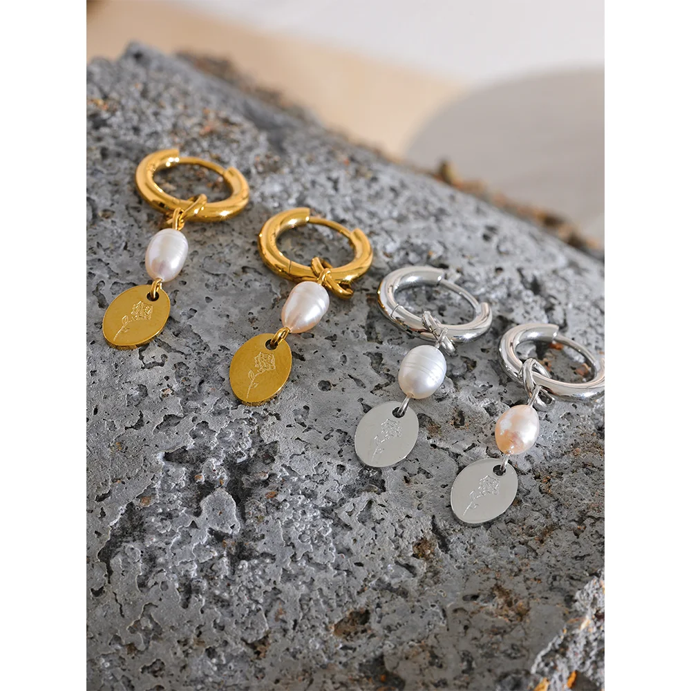 Stainless Steel Natural Pearl Charm Flower Drop Handmade Chic Earrings Gold Silver Color Trendy Jewelry