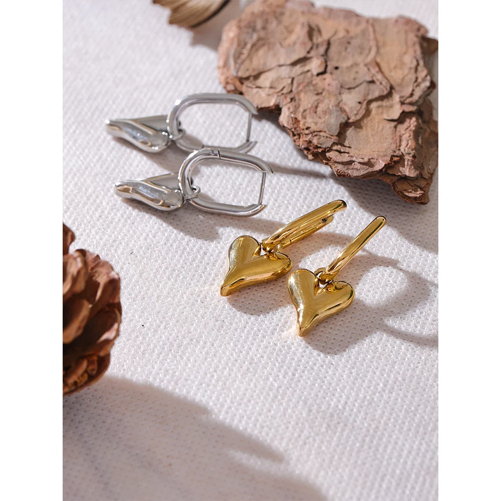 316L Stainless Steel Heart Love Drop Hoop Earrings Water Resistant Sleek Stainless Metal Popular Jewelry