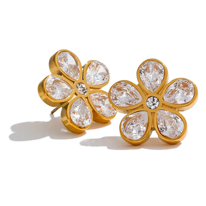 Cubic Zirconia Flower Golden Stud Earrings for Women - 316L Stainless Steel Waterproof Jewellery