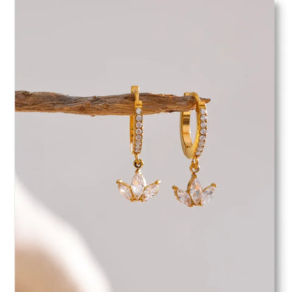 Waterproof Cubic Zirconia Flower Drop Hoop Earrings Hypoallergenic Stainless Steel Gold Color Daily Wear Fashion Jewelry