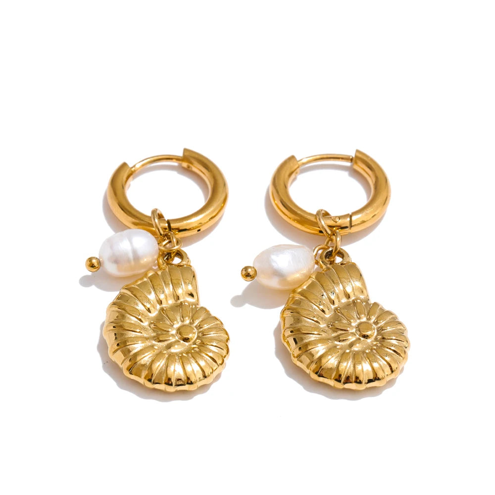 Ocean Theme Natural Pearl Conch Shell Starfish Drop Summer Hoop Earrings for Women Stainless Steel Holiday Daily Jewelry