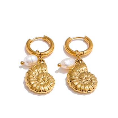 Ocean Theme Natural Pearl Conch Shell Starfish Drop Summer Hoop Earrings for Women Stainless Steel Holiday Daily Jewelry