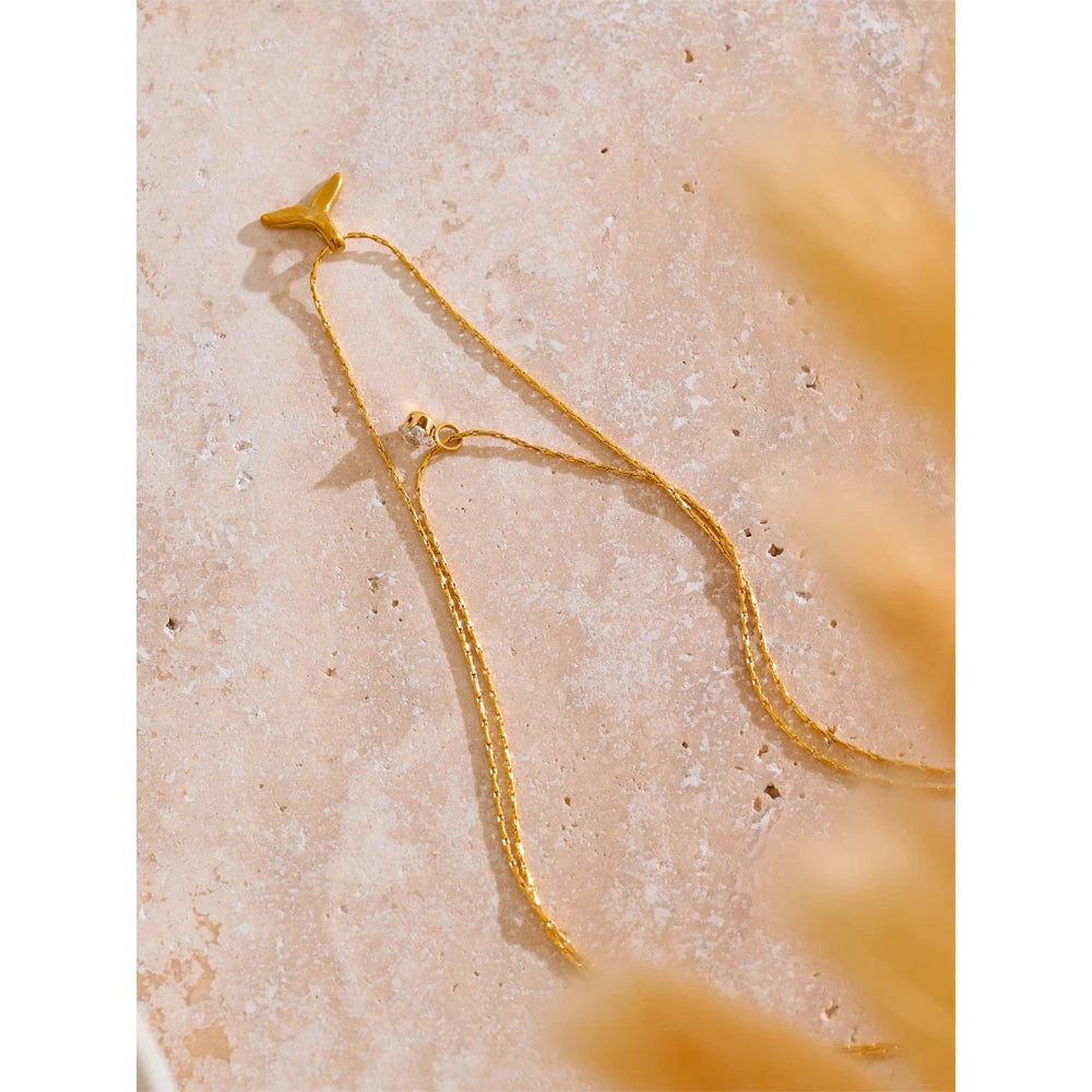 Elegant Double Layer Fishtail Necklace with Zircon Pendant – Gold Plated