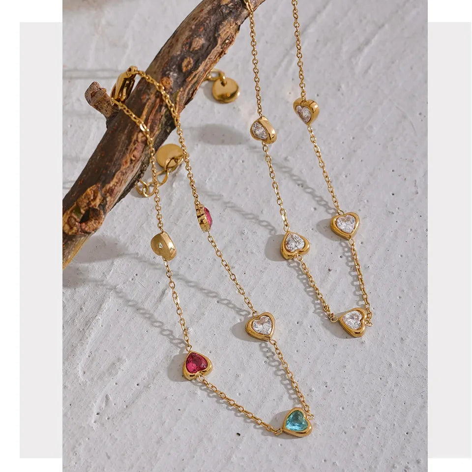 Colorful Heart Zircon Anklet – Gold Plated Stainless Steel