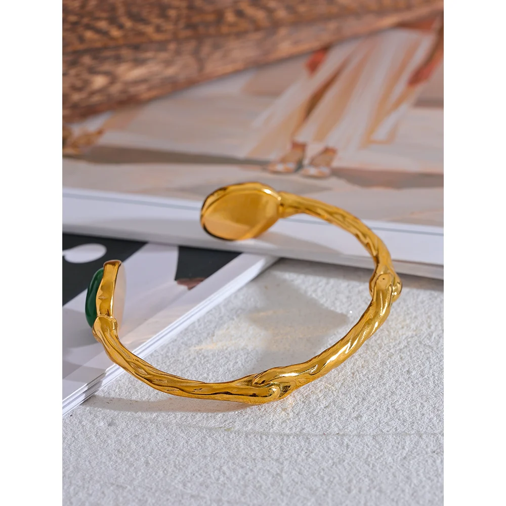 Green Stone Cuff Bracelet – Gold Plated Stainless Steel, Textured 18K Plated Waterproof Jewelry