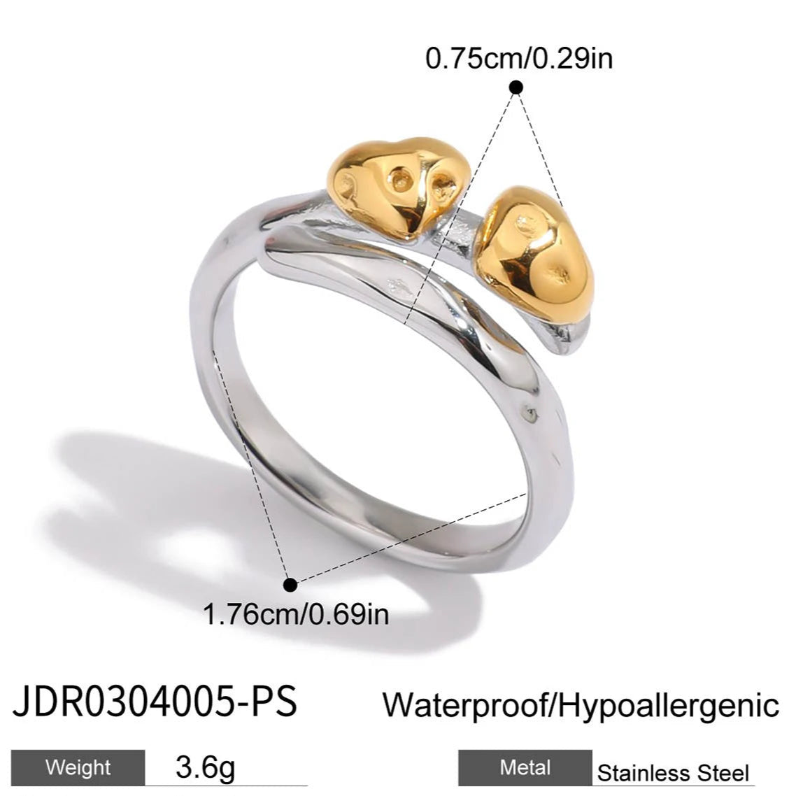 Two Color Heart Love Open Ring Stainless Steel Finger Jewelry Waterproof Geometric Adjustable Rings For Women