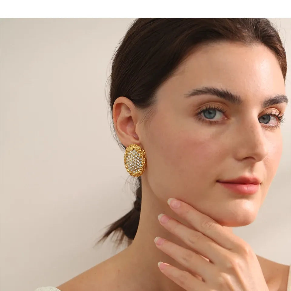 Large Push Back Cubic Zirconia Earrings - Hypoallergenic 18k Gold Colour Stainless Steel Jewelry for Women