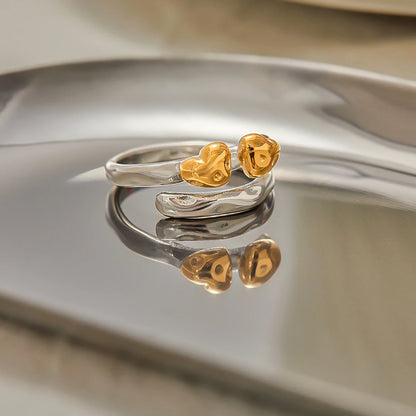 Two Color Heart Love Open Ring Stainless Steel Finger Jewelry Waterproof Geometric Adjustable Rings For Women
