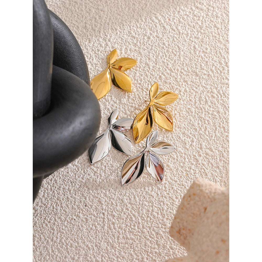 Stainless Steel Flower Leaves Stud Earrings - Hypoallergenic Waterproof Charm Texture High Quality Jewelry