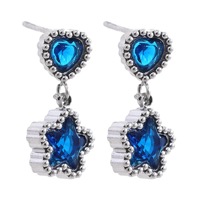 High Quality Blue White Cubic Zirconia Stainless Steel Heart Star Drop Earrings - 18K Gold Plated Jewelry