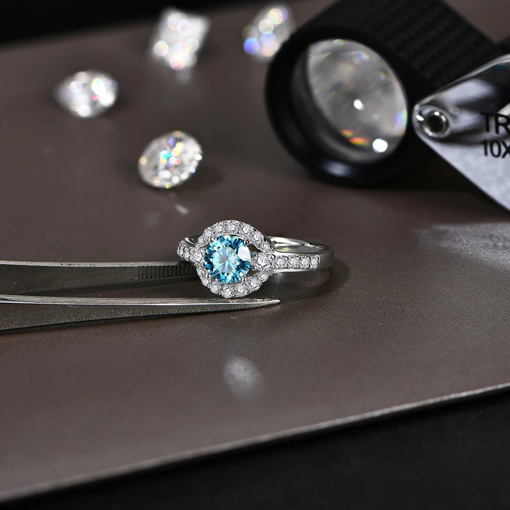 Luxe Jewels 1.0CT Round Cut Blue Moissanite Rings for Women Angel Eye S925 Silver