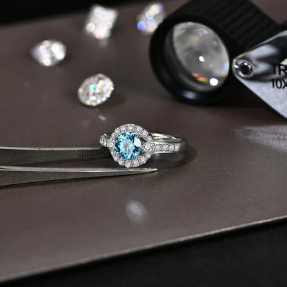 Luxe Jewels 1.0CT Round Cut Blue Moissanite Rings for Women Angel Eye S925 Silver