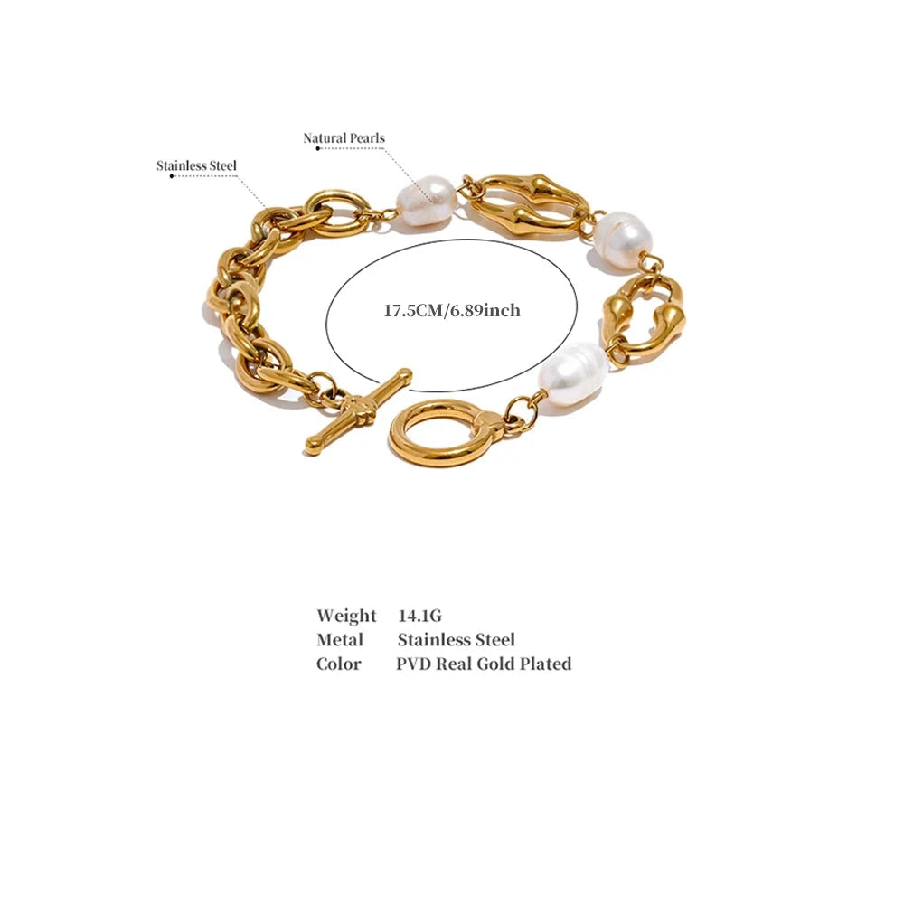 Natural Pearl Toggle Bracelet – 316L Stainless Steel, Waterproof