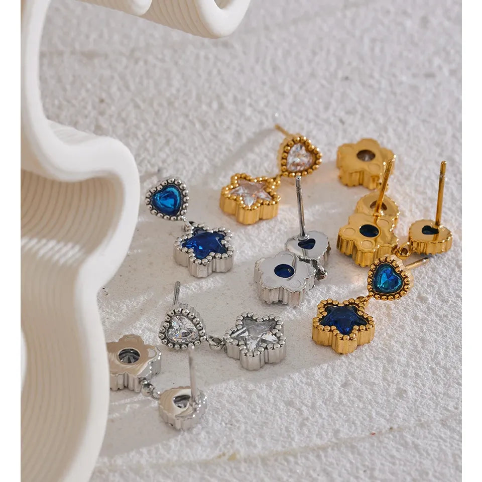 High Quality Blue White Cubic Zirconia Stainless Steel Heart Star Drop Earrings - 18K Gold Plated Jewelry
