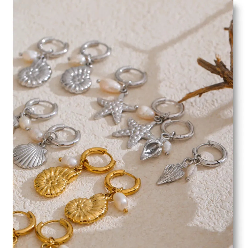 Ocean Theme Natural Pearl Conch Shell Starfish Drop Summer Hoop Earrings for Women Stainless Steel Holiday Daily Jewelry