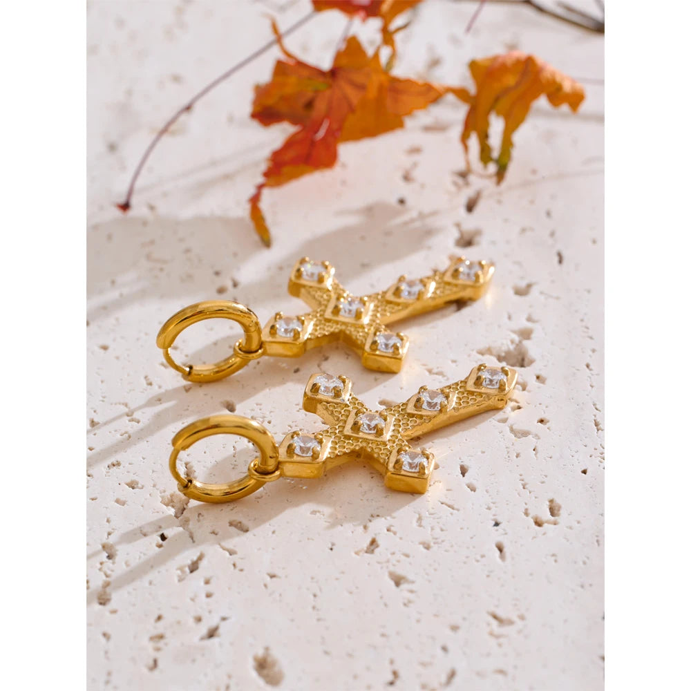 Bling Cubic Zirconia Classic Cross Drop Hoop Earrings 18K Gold Color PVD Plated Stainless Steel Exquisite Jewelry