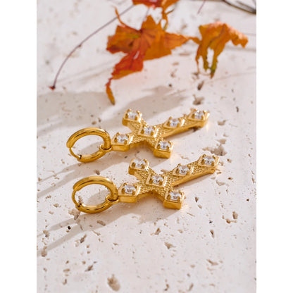Bling Cubic Zirconia Classic Cross Drop Hoop Earrings 18K Gold Color PVD Plated Stainless Steel Exquisite Jewelry